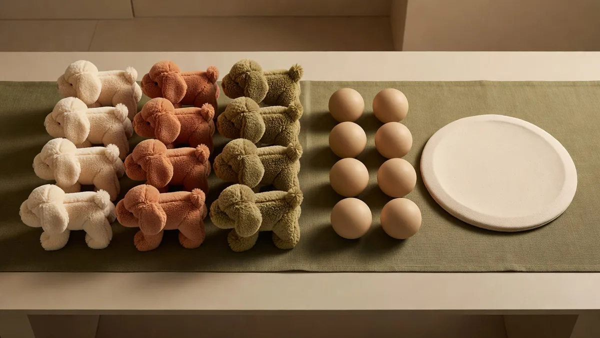 Buyer table comparing open-stock crystal plush dog toys with plain rubber balls and a blank canvas disc