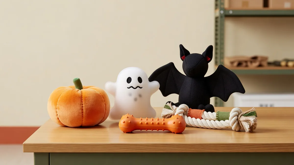 Halloween dog toys assortment on a B2B sampling desk for wholesale buyers reviewing seasonal plush and rubber SKUs