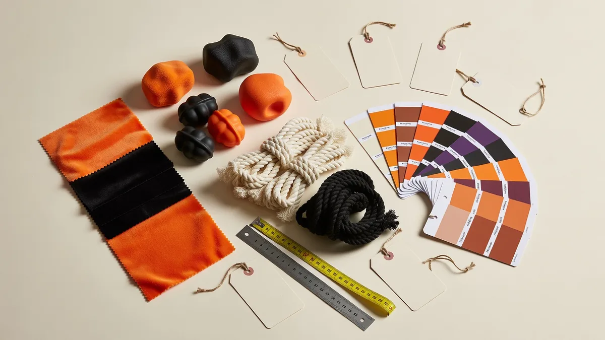 Materials and color flatlay for halloween dog toys wholesale RFQs: orange black plush, rubber, rope, hangtags, Pantone cards
