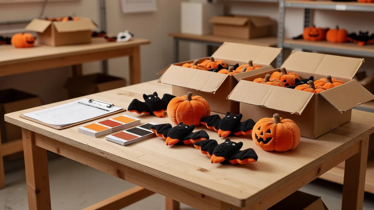 QC and pack-out bench for halloween dog toys wholesale with inspection checklist, color cards, and master cartons