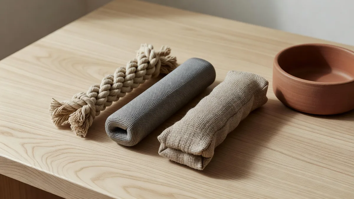 Cotton, nylon, and linen dog rope toys laid out for a wholesale fiber check