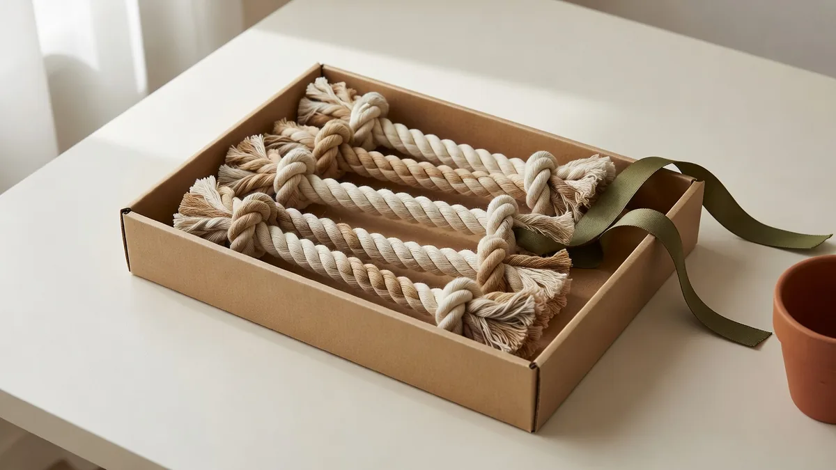 Wholesale rope toys in a packing tray with fiber labels visible for buyer QC