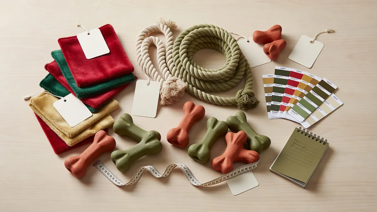 Materials and QC flatlay for holiday dog toys bulk: festive plush fabric, rope, TPR samples, hangtags, color cards
