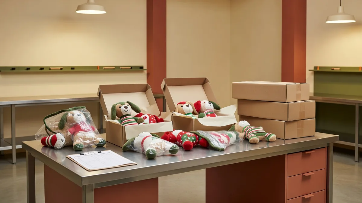 Factory QC and pack-out bench for holiday dog toys bulk with gift cartons, AQL checklist, and seasonal assortment