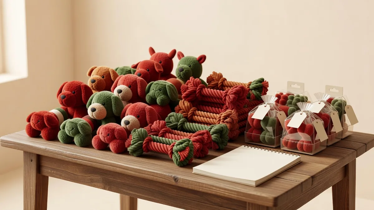 Holiday dog toys bulk seasonal assortment on a sampling desk with festive plush, rope, and gift-ready SKUs