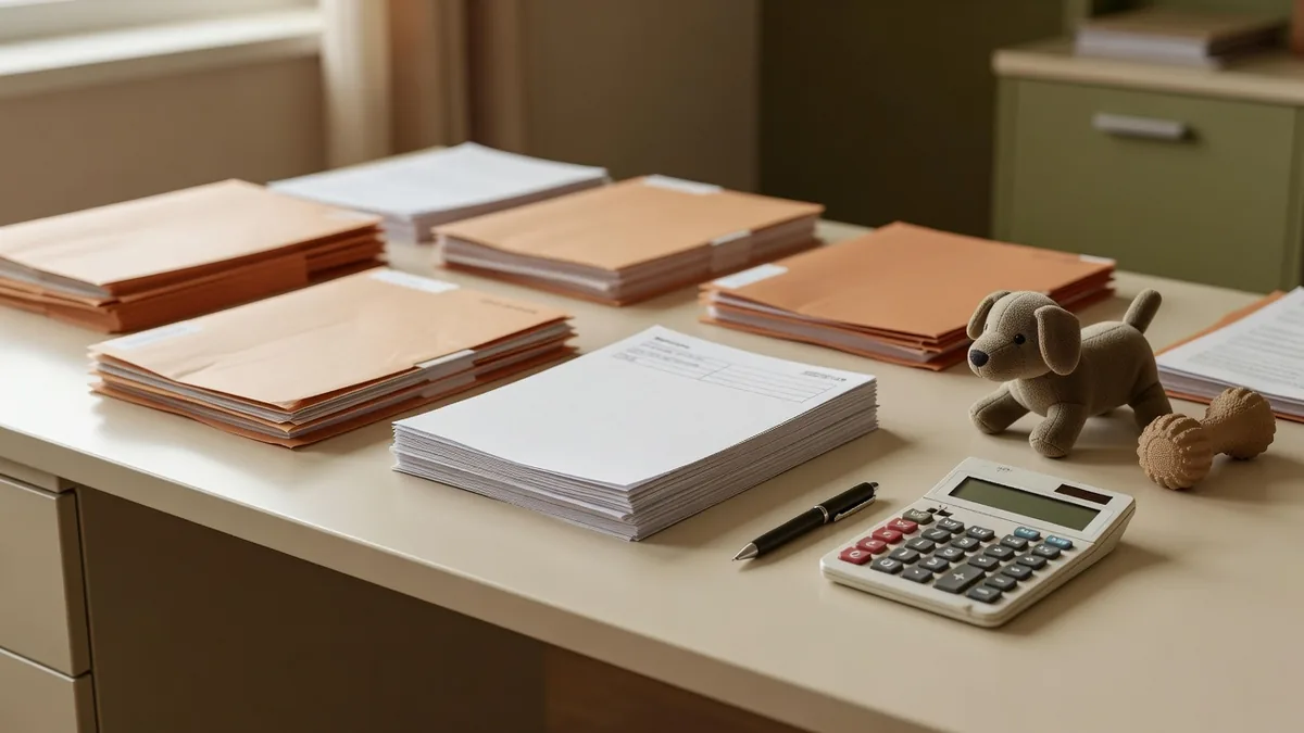 Blank entry folders, a plush toy, and a rubber chew on an importer desk before an HTS code pet toys import filing