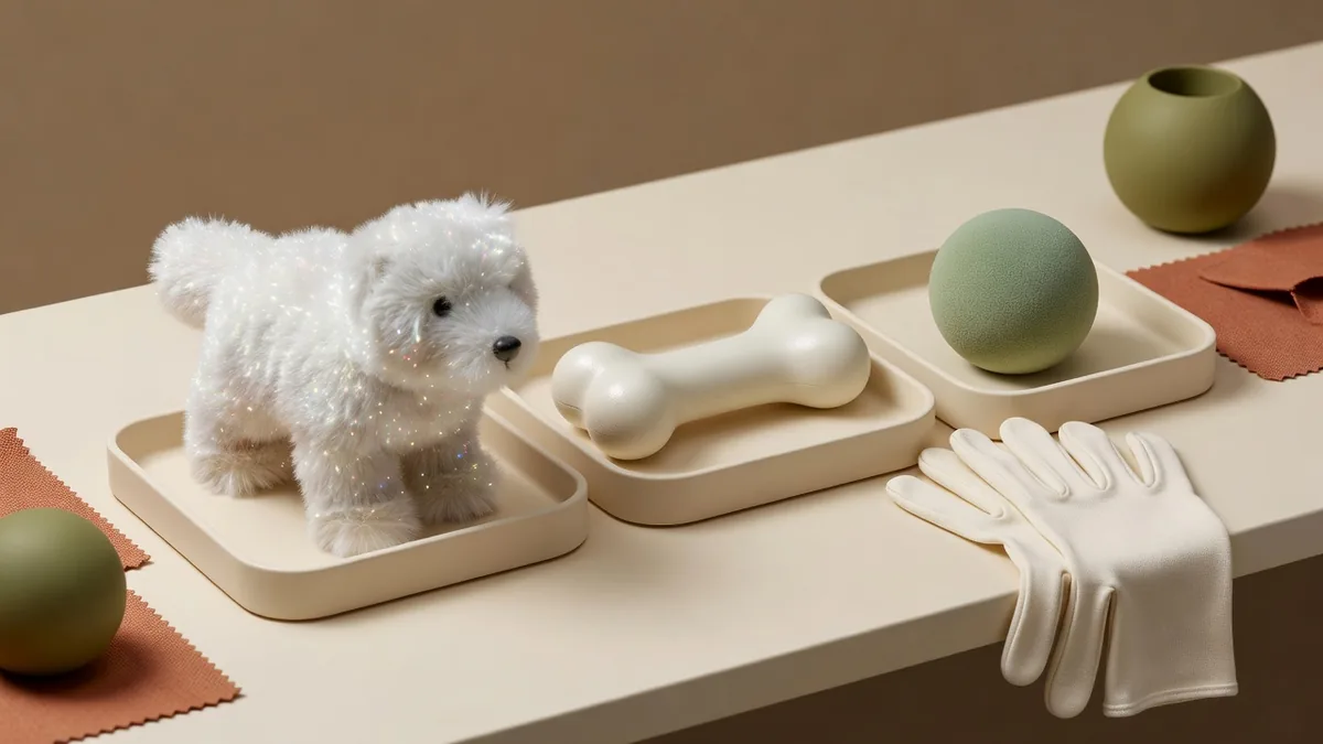 Crystal plush, a coated nylon bone, and a foam ball in separate trays for an HTS code pet toys import line split