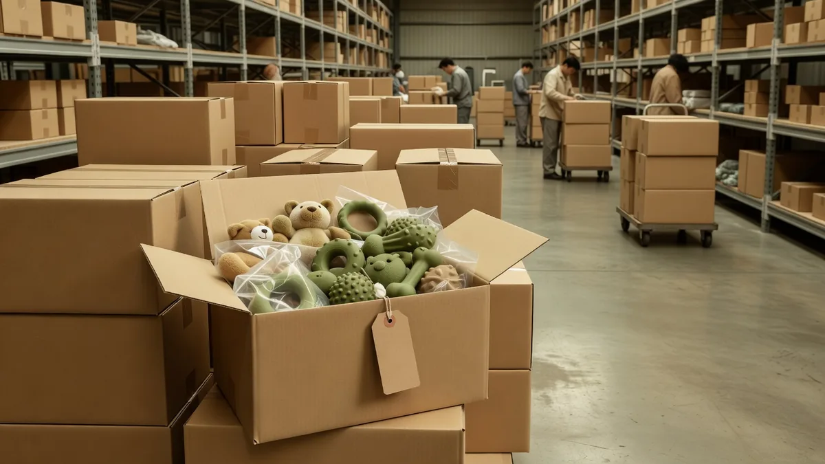 Plain export cartons and mixed dog toys in unmarked polybags before origin is declared on an HTS code pet toys import