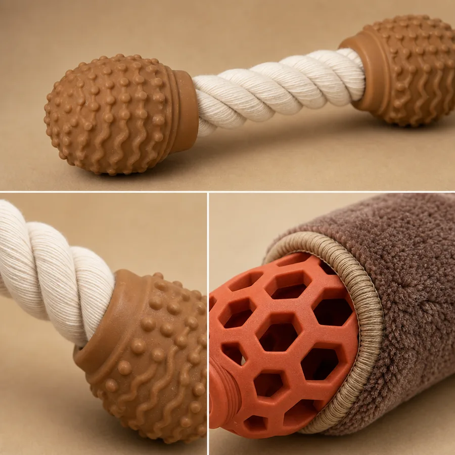 Close-up of hybrid material pet toys: cotton rope with TPR rubber end caps, and natural rubber chew with polyester fleece outer layer — showing material bonding points