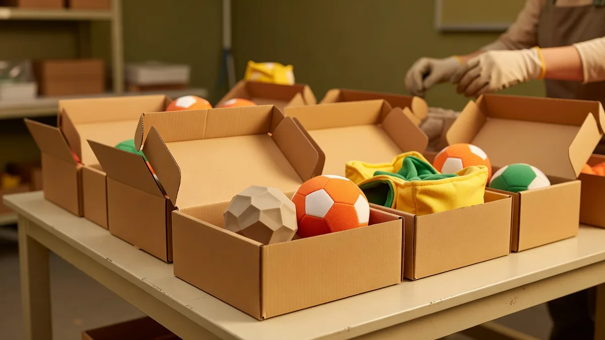 Open wholesale cartons holding a faceted TPR ball, an orange soccer-shaped toy, and a small snuffle box