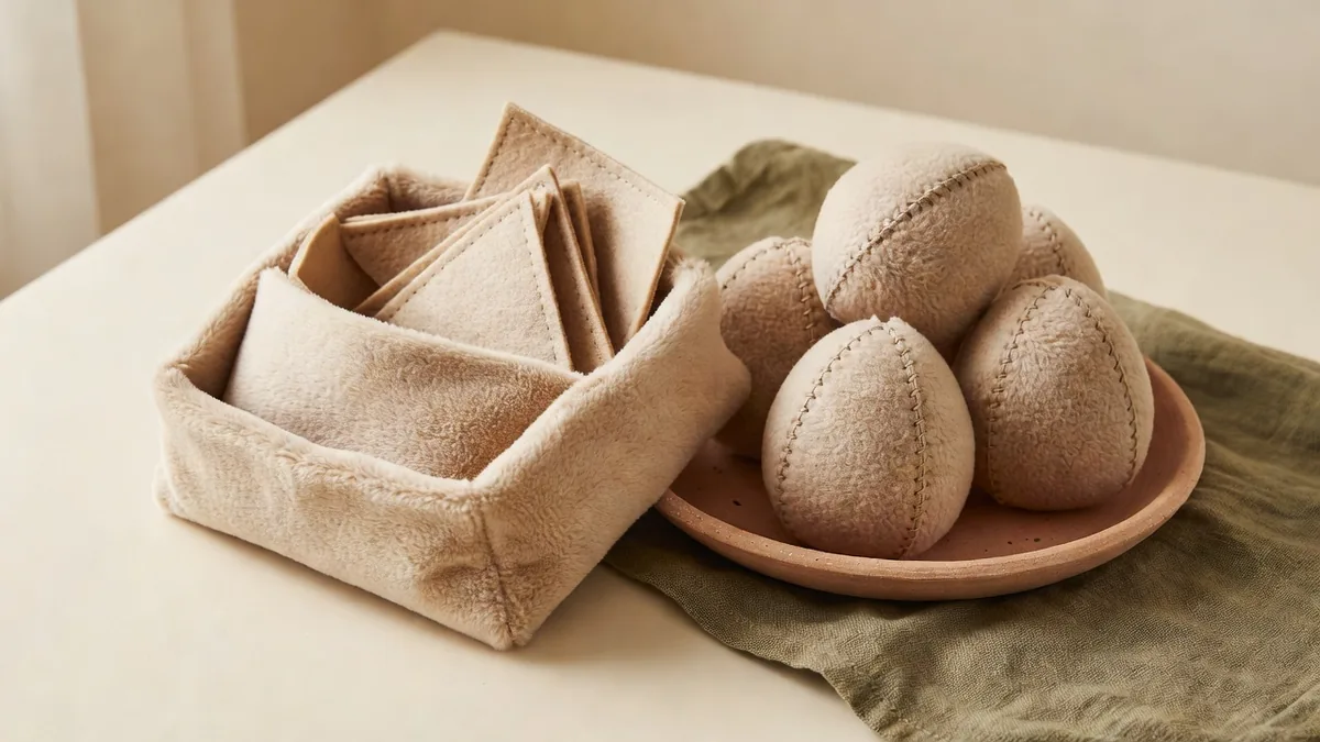 Beige fleece and felt pizza-box dog toy beside egg-shaped puzzle pieces on a cream sampling table