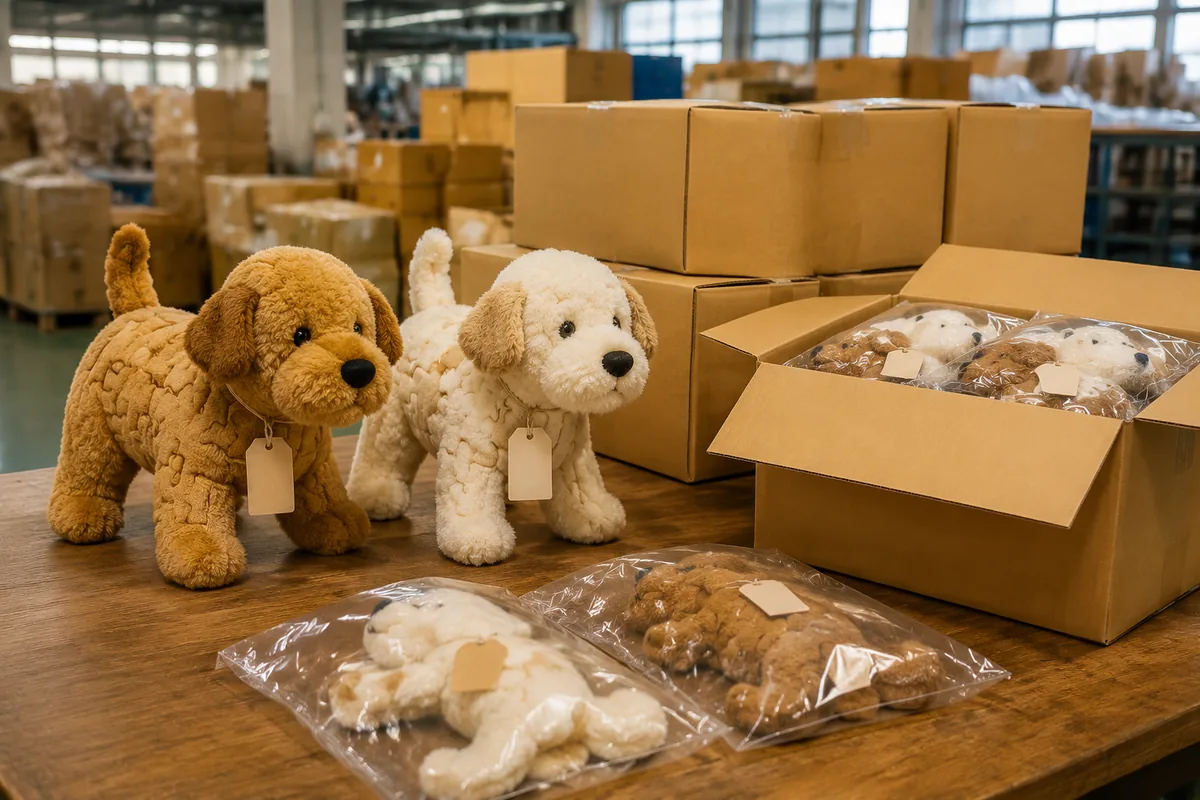 Private label puzzle plush dog toys with hangtags and polybags staged for export carton packing on a factory table