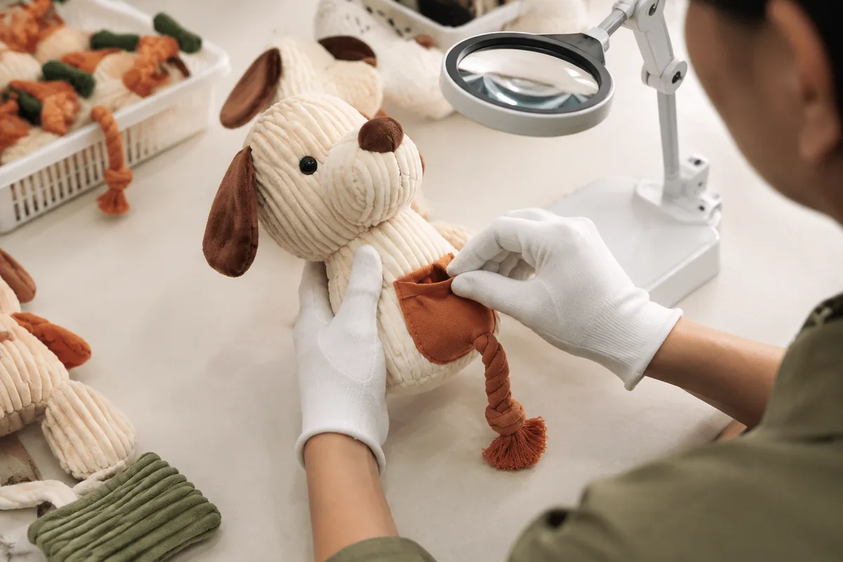 QC inspection of interactive puzzle plush dog toy seams and treat pocket openings on a cream factory inspection table