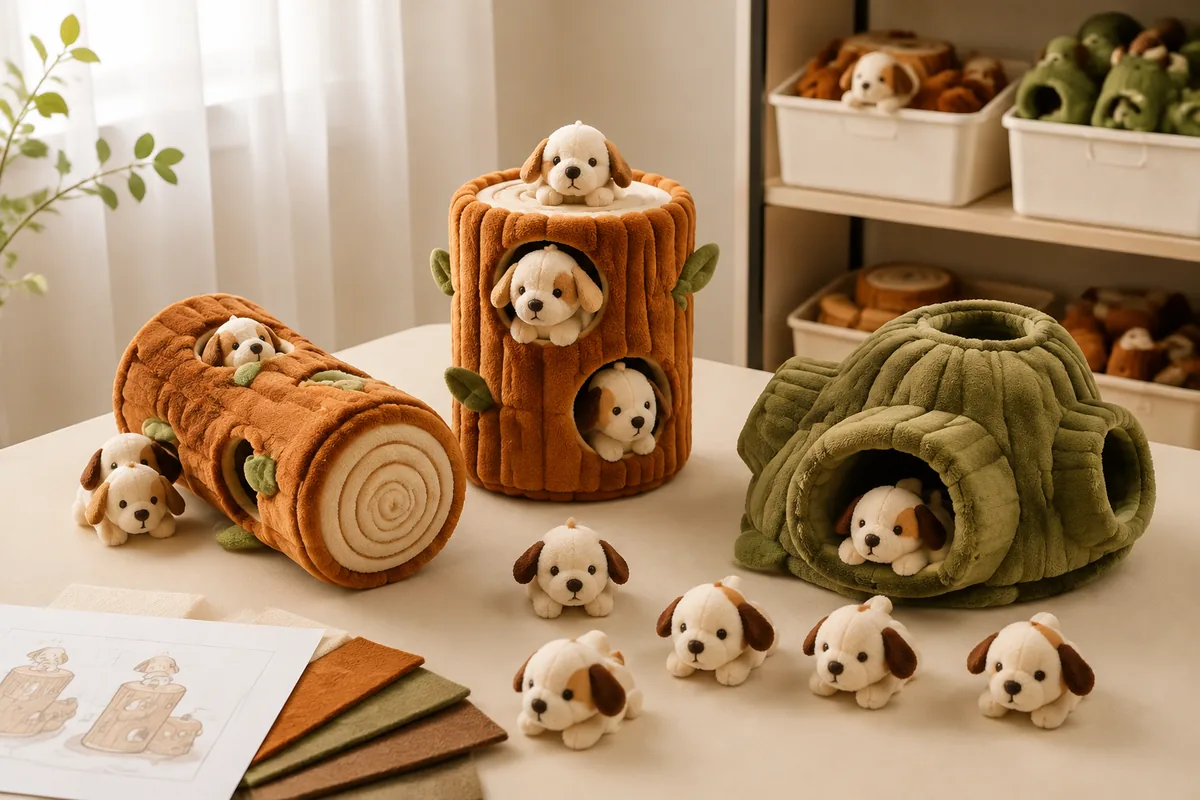 Interactive puzzle plush dog toys with hide-and-seek pouches and removable pieces laid out on a warm cream sampling desk for private label review