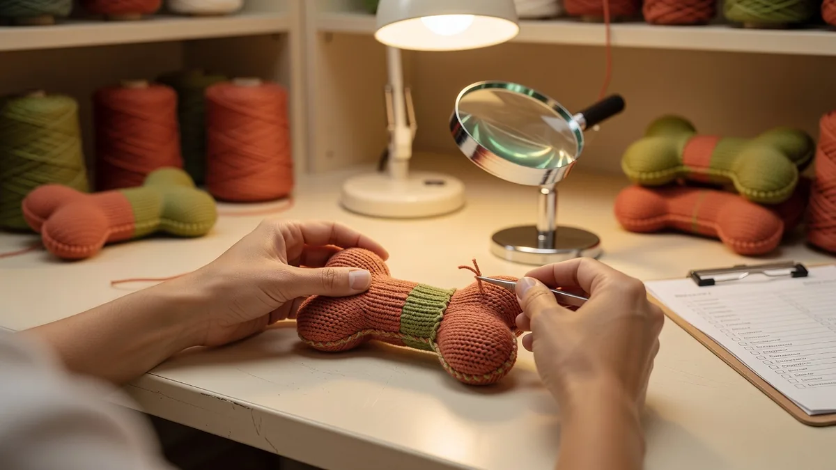 QC check on knitted dog toy seam joins and locked yarn ends at a factory bench