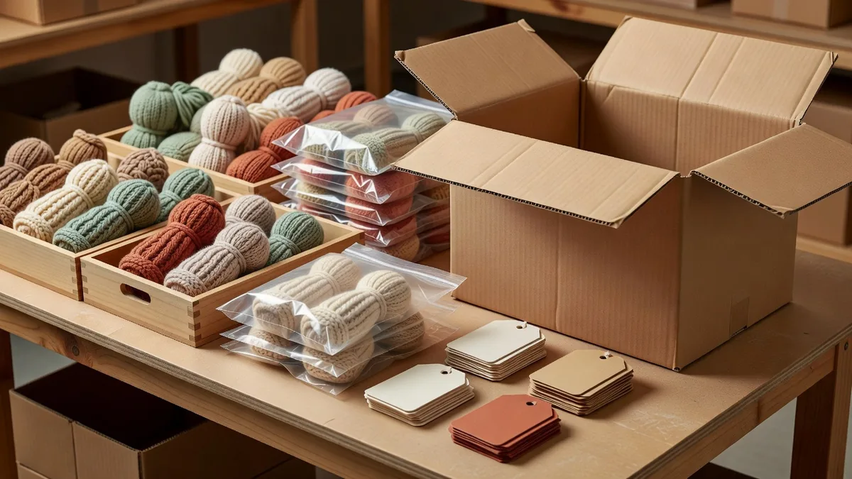Knitted dog toys wholesale pack-out with colorways, hangtags, and master cartons on a factory table