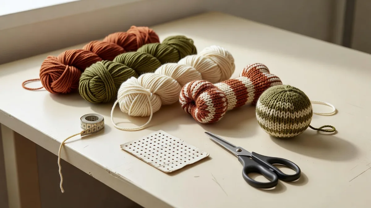 Knitted dog toys wholesale assortment of yarn bones and balls on a warm cream sampling desk