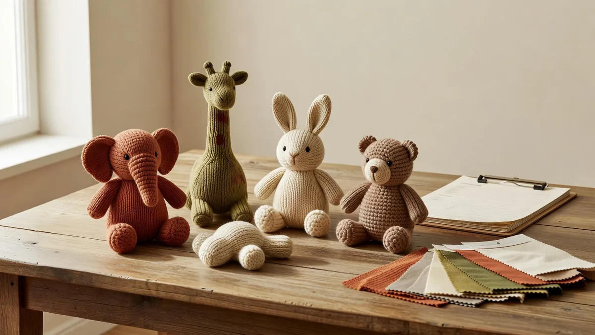 Knitted animal squeaky dog toy set arranged on a warm cream sampling desk for wholesale review