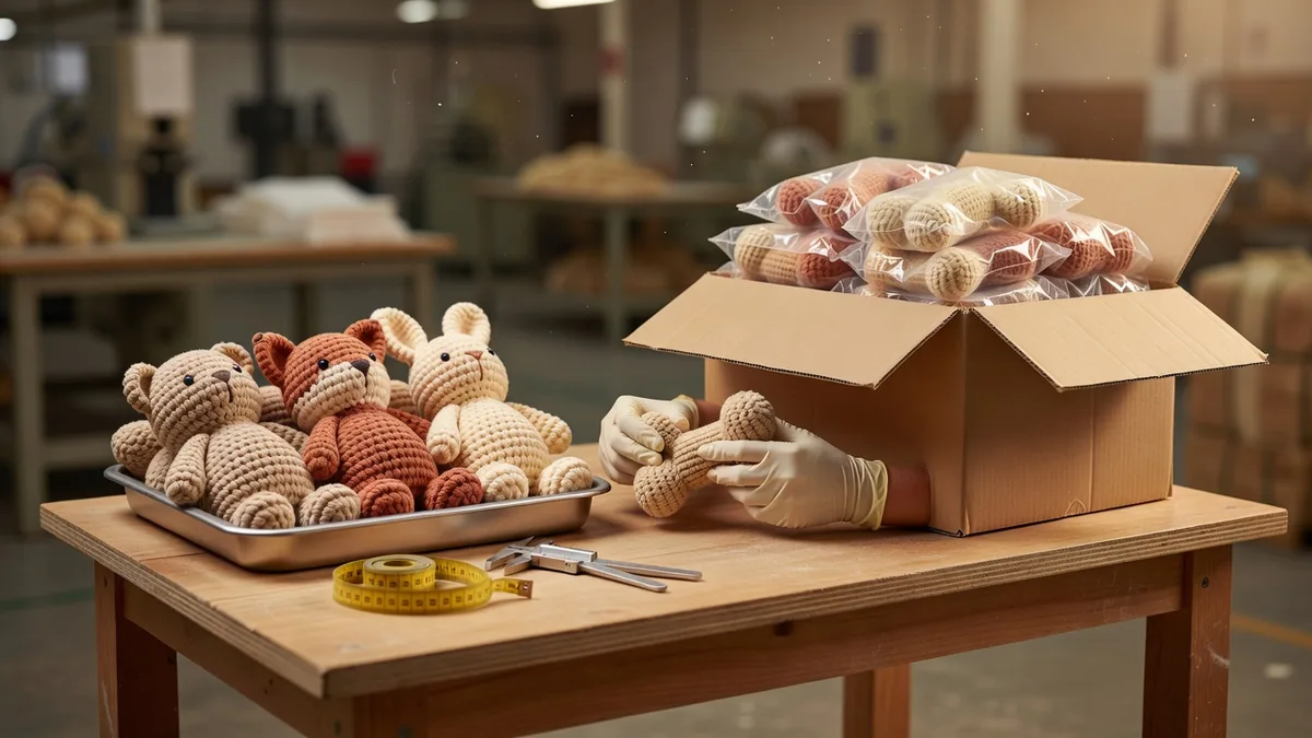QC bench for knitted squeaky dog toy sets: seam inspection, squeaker compression test, and export carton pack-out