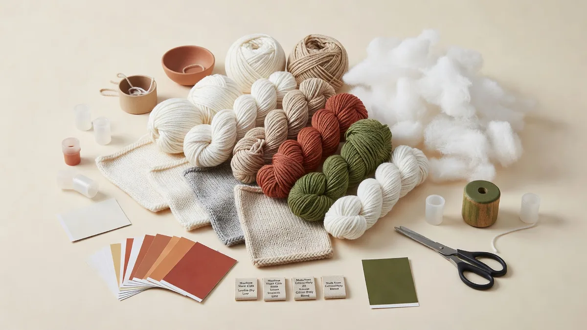 Yarn skeins, knit swatches, fiberfill, plastic reed squeakers, and color cards for knitted squeaky dog toy production