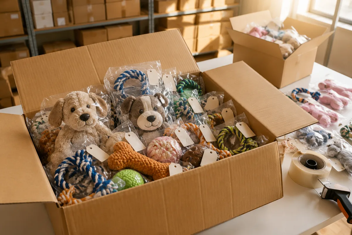 Open master carton with mixed plush dog toys and rope chews in polybags prepared for low MOQ export packing