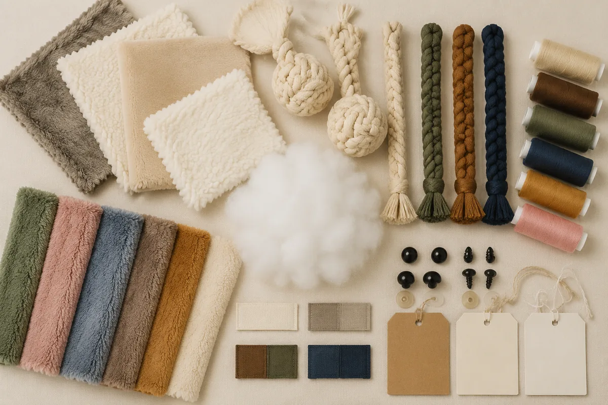 Plush fabric, fiberfill, cotton rope braid samples, embroidery thread, and hangtags laid out for a dual-catalog pet toy manufacturer RFQ
