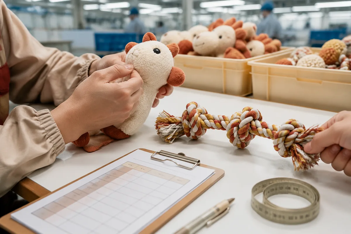QC inspection of plush seam stitching and multi-knot rope tug test on a factory table with measuring tools