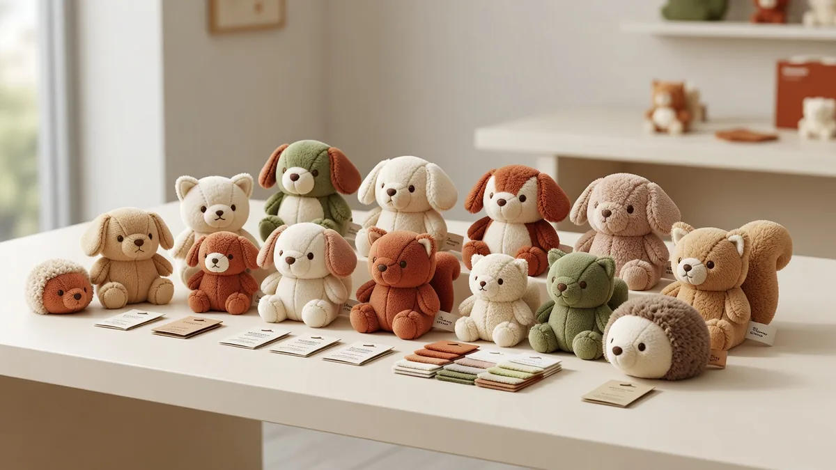 Assortment of mini plush dog toys on a warm cream sampling desk with woven labels and hangtags for bulk wholesale buyers
