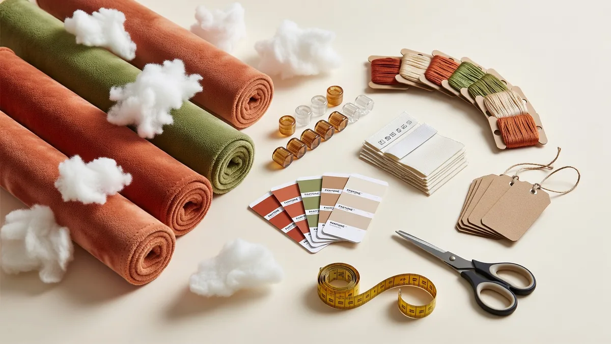 Mini plush dogs bulk materials flatlay: short pile fabric, fiberfill, squeakers, woven labels, hangtags, and color cards