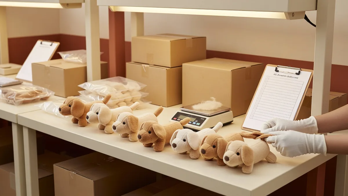 QC station checking mini plush dog toy seams, fill weight, and bulk pack-out before export cartons