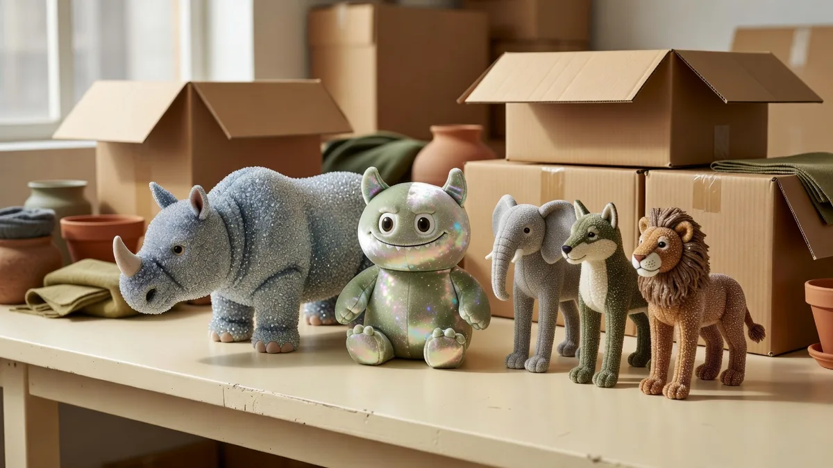 Monster Series beside a longer animal plush and a three-shape animal set for assortment