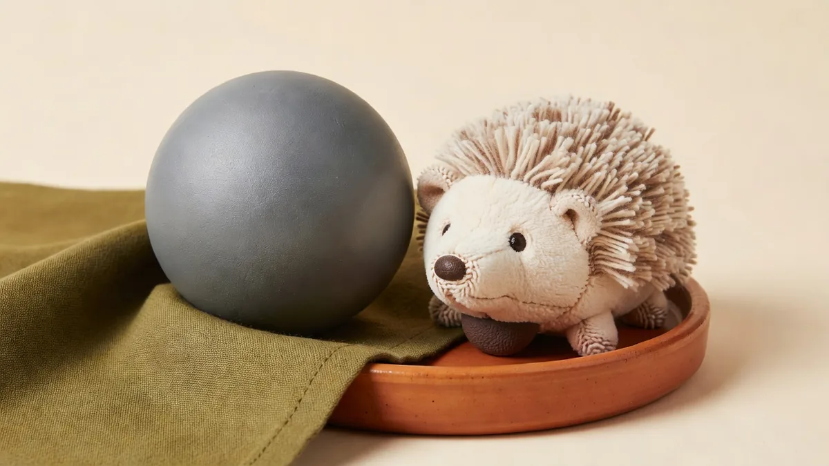 OEM color chips next to an approved TPR ball and a hybrid hedgehog sample