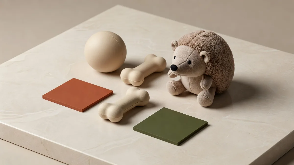 TPR balls and a cotton nature-rubber hedgehog on a sampling desk for an OEM material brief