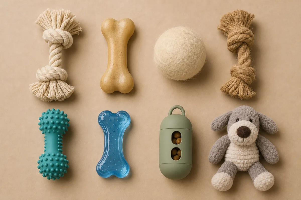 Visual decision matrix: natural materials (cotton rope, natural rubber, wool felt, jute) vs synthetic materials (TPR, TPU, silicone, polyester plush) side by side