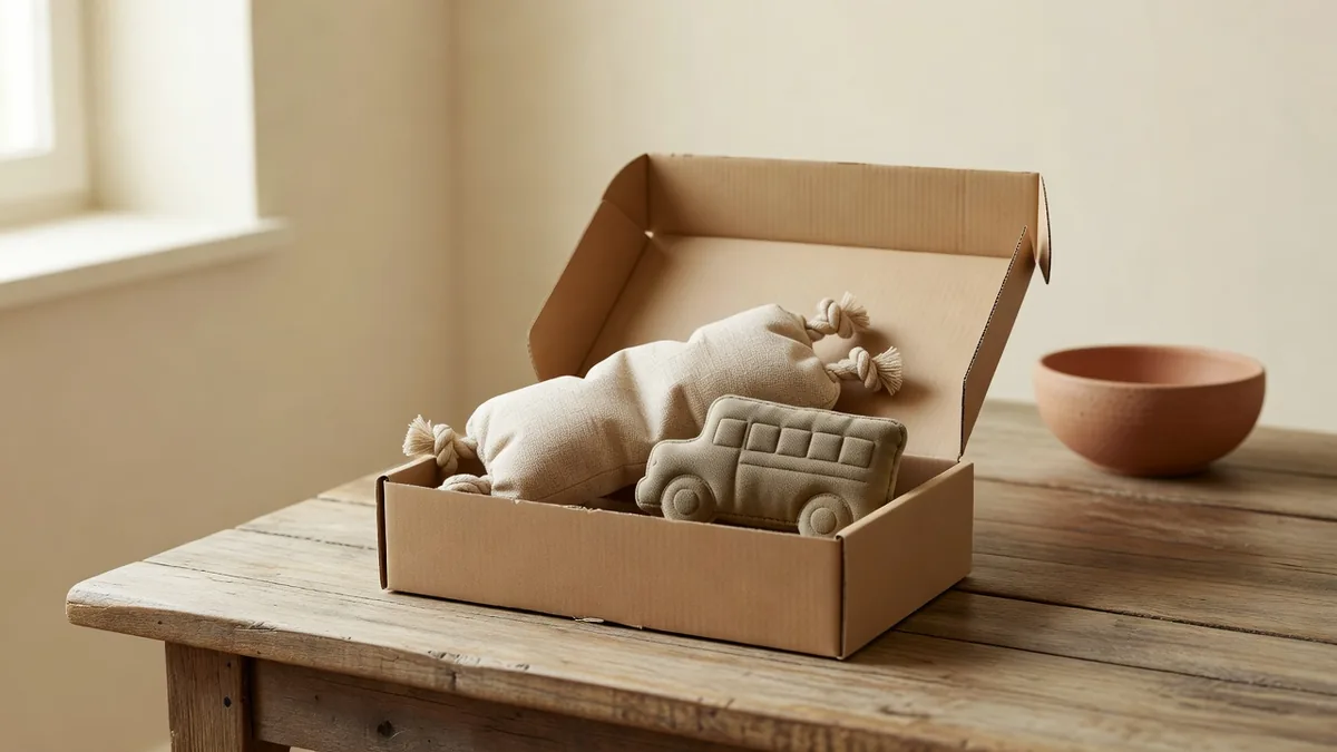 Open carton with a flat oxford cookie toy and a small cloth school bus, no loose fill