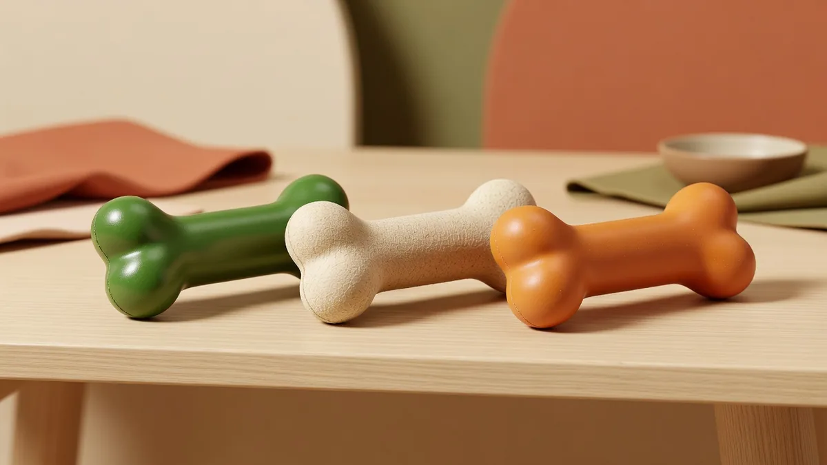 Green coated, beige fiber, and orange PA+TPR dog bones compared on a sampling desk