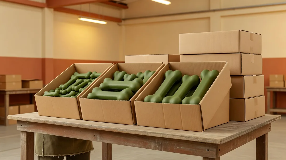 Three sizes of green nylon bone chews in kraft bins beside plain cartons