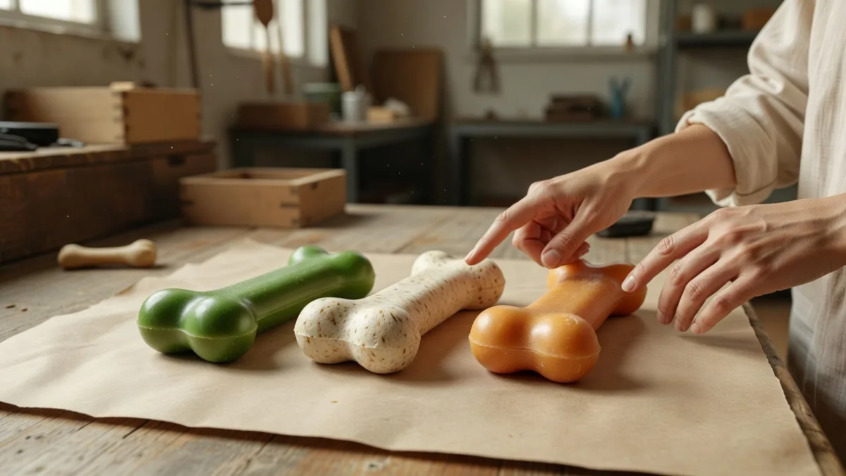 Buyer comparing coated, fiber, and orange bone chew surfaces on kraft paper