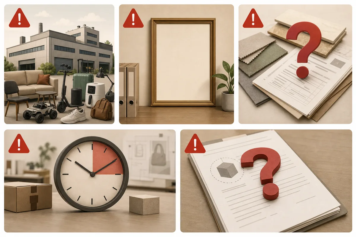 Five ODM factory red flags: claiming to do everything, missing audit reports, vague material sourcing, delayed sampling, and unclear IP ownership