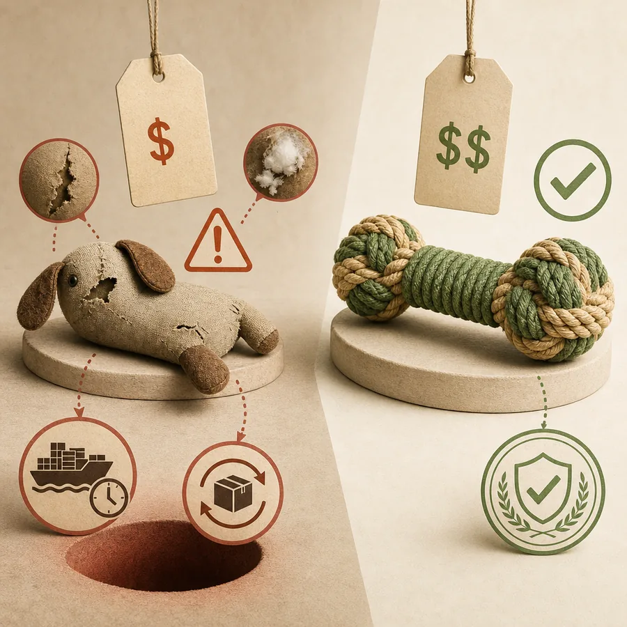 The ODM price trap visual: a cheap toy with hidden costs (returns, delays, defects) versus a quality toy with slightly higher upfront price but lower real landed cost