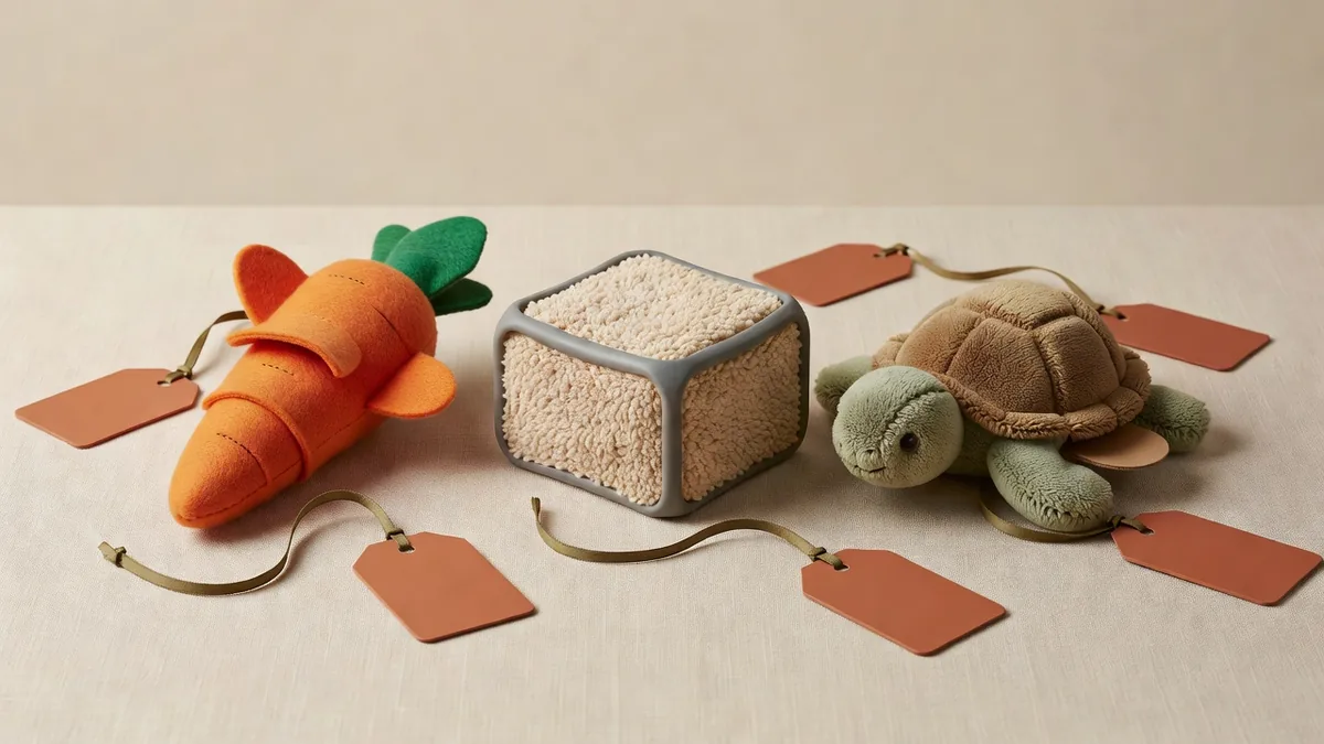 Fleece carrot puzzle, cotton snuffle box, and plush turtle treat toy compared on a cream sampling cloth for a pet educational toy factory OEM review