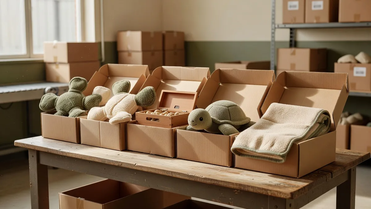 Open cartons of mixed fleece puzzle toys, a snuffle box, a plush turtle, and a folded slow-feed mat on a factory pack-out table