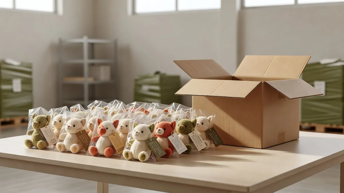 Pet plush toys polybagged with hangtags next to open master carton for export packing at a supplier facility