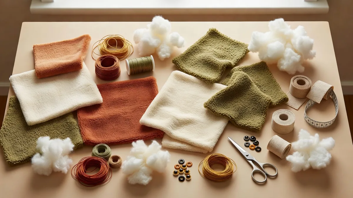 Pet plush toys supplier materials flatlay with short pile fabric, sherpa, fiberfill, embroidery thread, locking eyes, and woven labels on a warm sampling desk