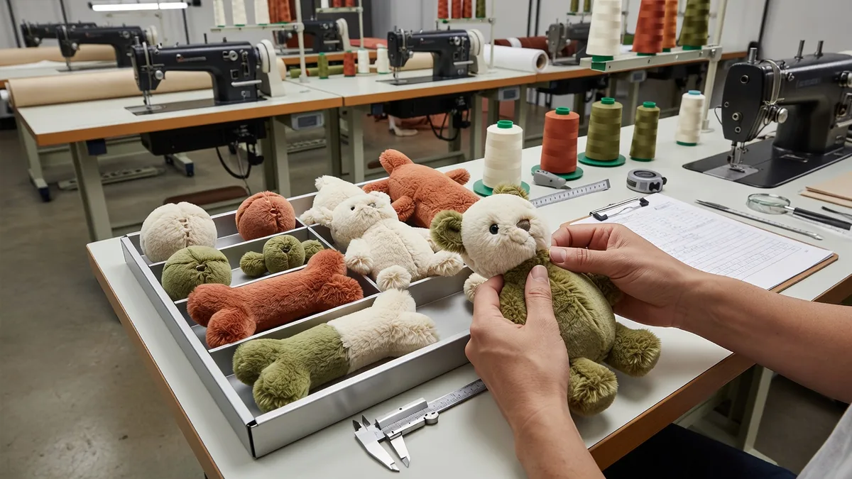 Quality control inspector checking seam strength on a pet plush toy in a supplier sewing workshop with AQL inspection tray