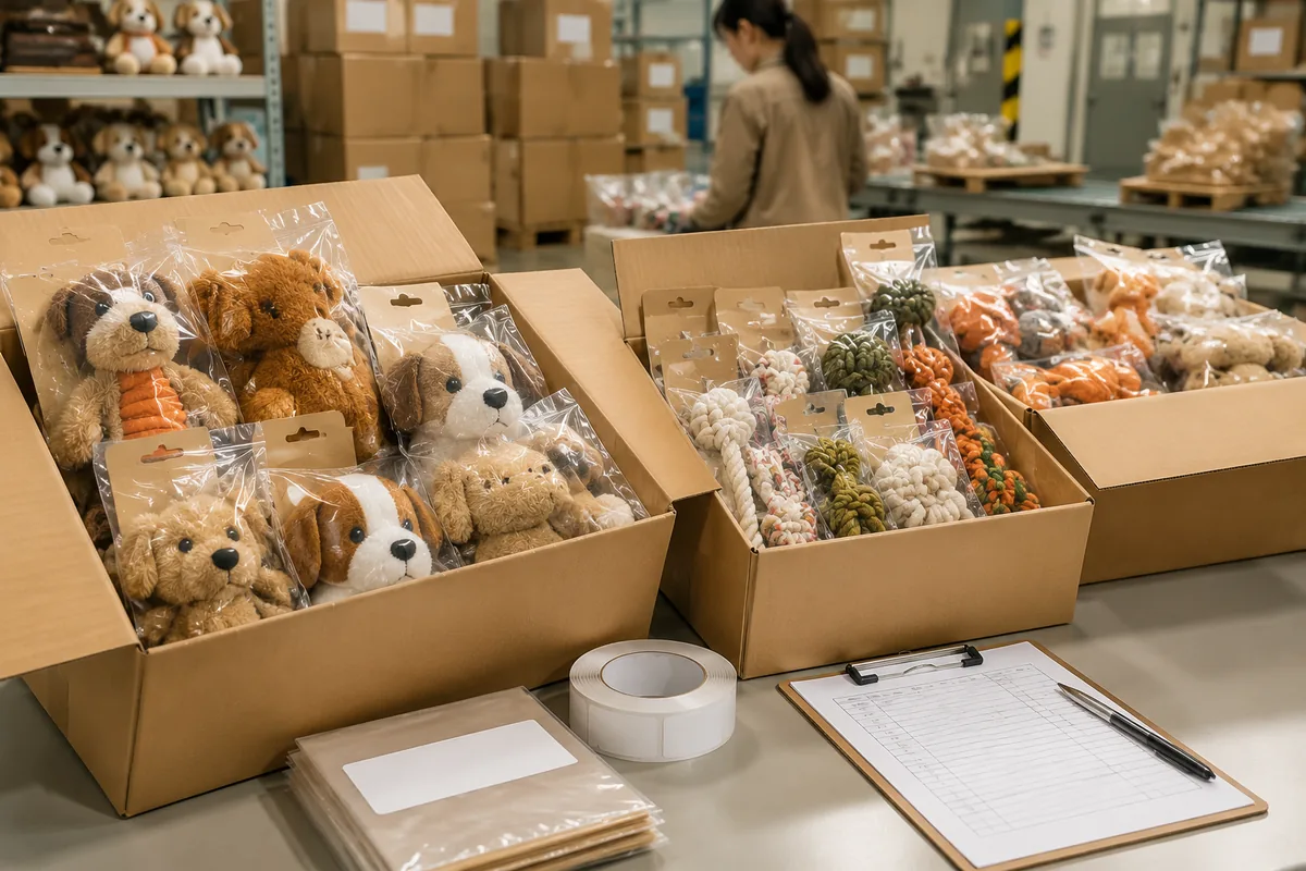 Export carton pack-out of branded private label pet toys with printed polybags and barcode labels for wholesale shipping
