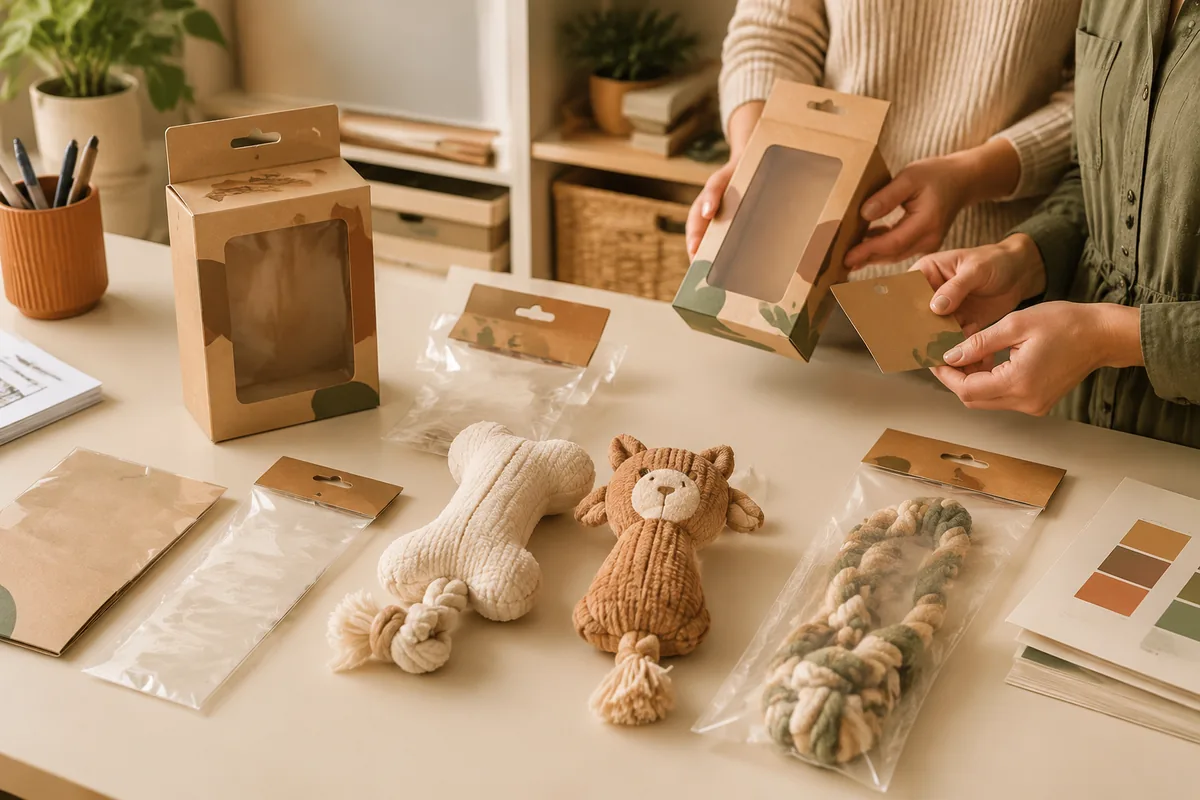 Private label pet toy packaging mockups with hangtags and branded cartons on a warm cream sampling desk for B2B buyers