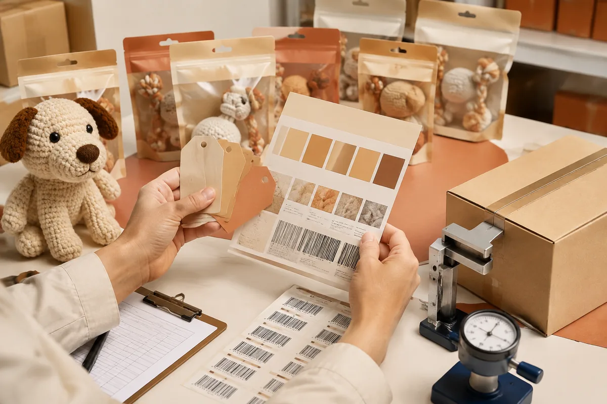 Packaging QC bench comparing hangtag color proofs and barcode stickers for private label pet supplies before export