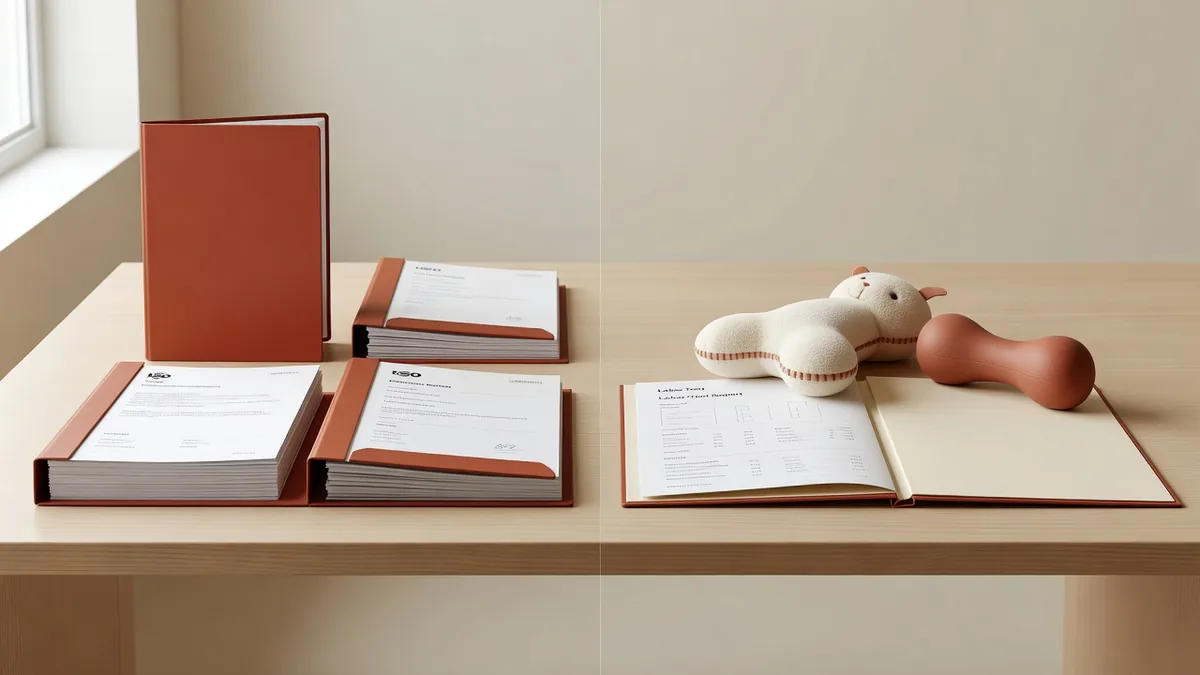 Side-by-side comparison of factory ISO paperwork and a product lab test report for pet toys