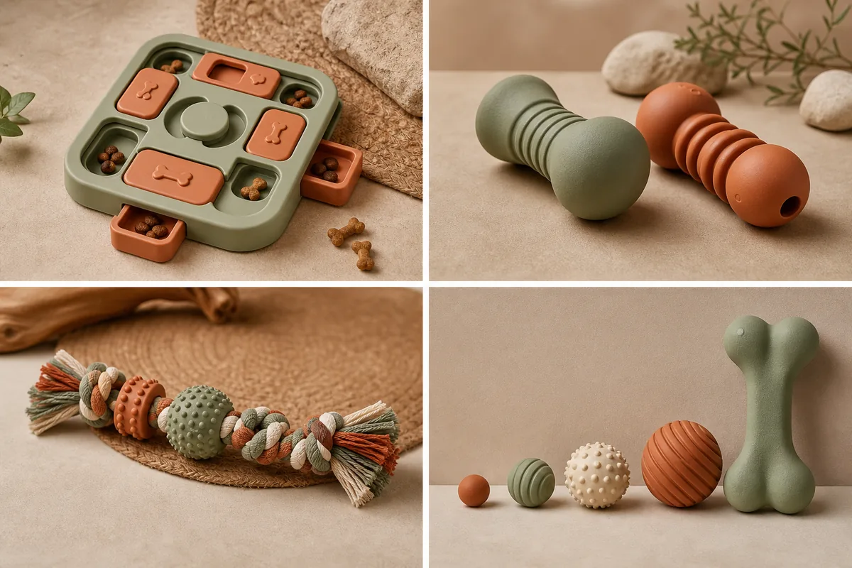 Four pet toy design trends: enrichment puzzles, minimalist earth-tone chews, multi-texture tug toys, and size-inclusive designs from tiny to giant